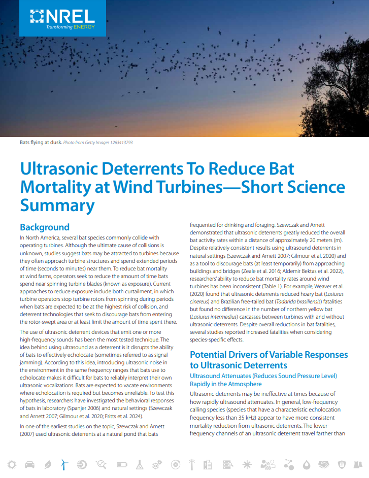 Ultrasonic Deterrents To Reduce Bat Mortality at Wind Turbines—Short Science Summary