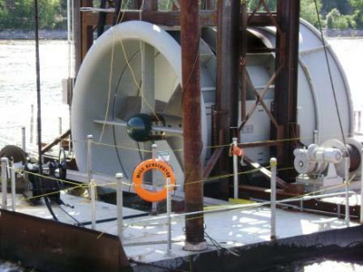 Barge-mounted turbine at Lock and Dam No. 2 Hydroelectric Project