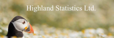 The image displays a puffin and the words Highland Statistics Ltd.