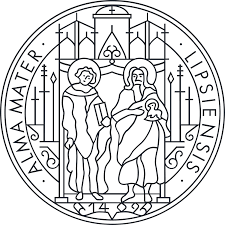 The Leipzig University logo consists of two individuals with halos, one appears to be holding a book and the other holds an animal 