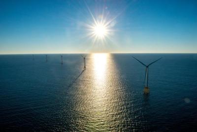 Block Island Wind Farm at sunrise.